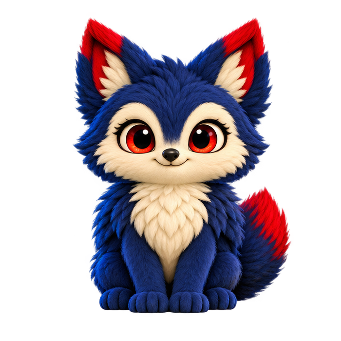 Quill, a midnight-blue fox-owl mascot with cream fur and red accents